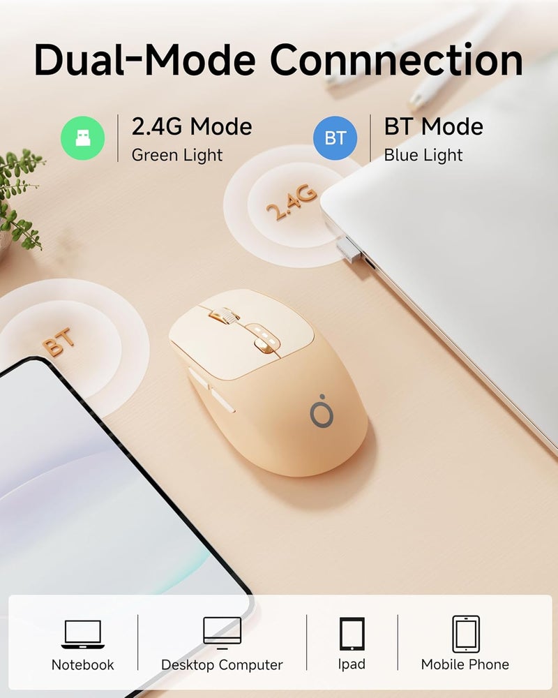 SEUNKWANG EWEADN Q5 Wireless Mouse, Bluetooth & 2.4G Quiet Computer Mouses with 1600 DPI, Battery Level Display, Ergonomic Office Mouse,6 Button Portable Cute Cordless Mice for Laptop/PC/Mac- Pink - Image 4